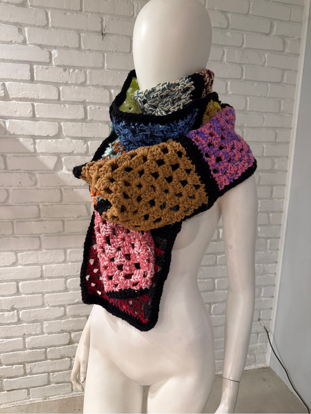 Handmade Crochet Granny Square Patchwork Scarf 11.33 Ft Boho Art Scarf Oversized